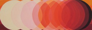 Angela Faustina, 15 Minutes of Sunset, 2014. Oil on board, 30" by 10". Pop art that explores color theory through the repetitive pattern of lines or circles.