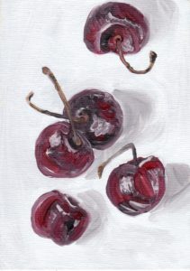 Angela Faustina, Cherries study, 2016. Oil on canvas panel, 5" by 7".
