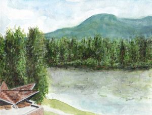 Angela Faustina, Camp Barney Chapel watercolor landscape painting, 2017. Watercolor on paper, 8" by 6".