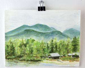 Angela Faustina, Camp Barney Beachfront watercolor landscape painting, 2017. Watercolor on paper, 8" by 6".