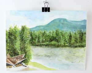 Angela Faustina, Camp Barney Chapel watercolor landscape painting, 2017. Watercolor on paper, 8" by 6".