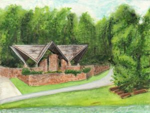 Angela Faustina, Camp Barney Chapel, 2017. Watercolor on professional watercolor paper, 8" by 6".