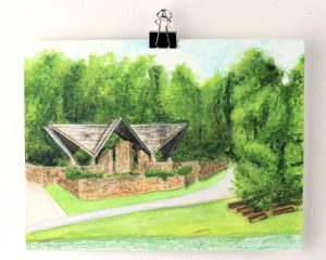 Angela Faustina, Camp Barney Chapel, 2017. Watercolor on professional watercolor paper, 8" by 6".