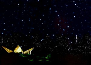 Angela Faustina, Camp Barney Series No. 3: Zaban Chapel with Constellations oil painting, 2017. Oil on cradled painting panel, 5″ by 7″.