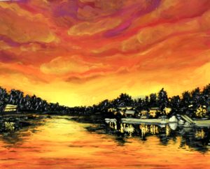 Angela Faustina, Camp Barney Series No. 2: Sunset over Lake Wendy, 2017. Oil on cradled painting panel, 8″ by 10″. Private Collection.