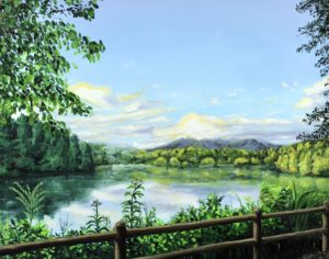 Angela Faustina, Camp Barney Series No. 4: Lake Lewis. Oil on cradled painting panel, 8″ by 10″.