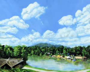 Angela Faustina, Camp Barney Series No. 1: Afternoon at Sam's Deck, 2017. Oil on cradled painting panel, 8″ by 10″.