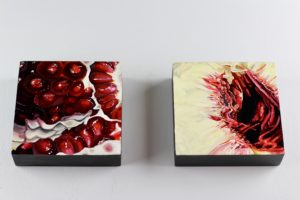 Angela Faustina, POMEGRANATE XXXIII and PEACH II, 2018. Oil on cradled painting panel, 6" by 6”.