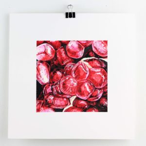 ORIGINAL ART, Angela Faustina, POMEGRANATE painting, 2020. Acrylic and watercolor paint on bristol board paper, 6" by 6".