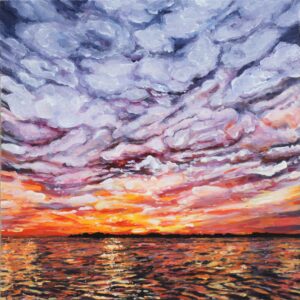 Angela Faustina, BLOOD ORANGE SKIES OVER TAMPA BAY, 2020. 6" by 6". cradled painting panel. Private Collection.