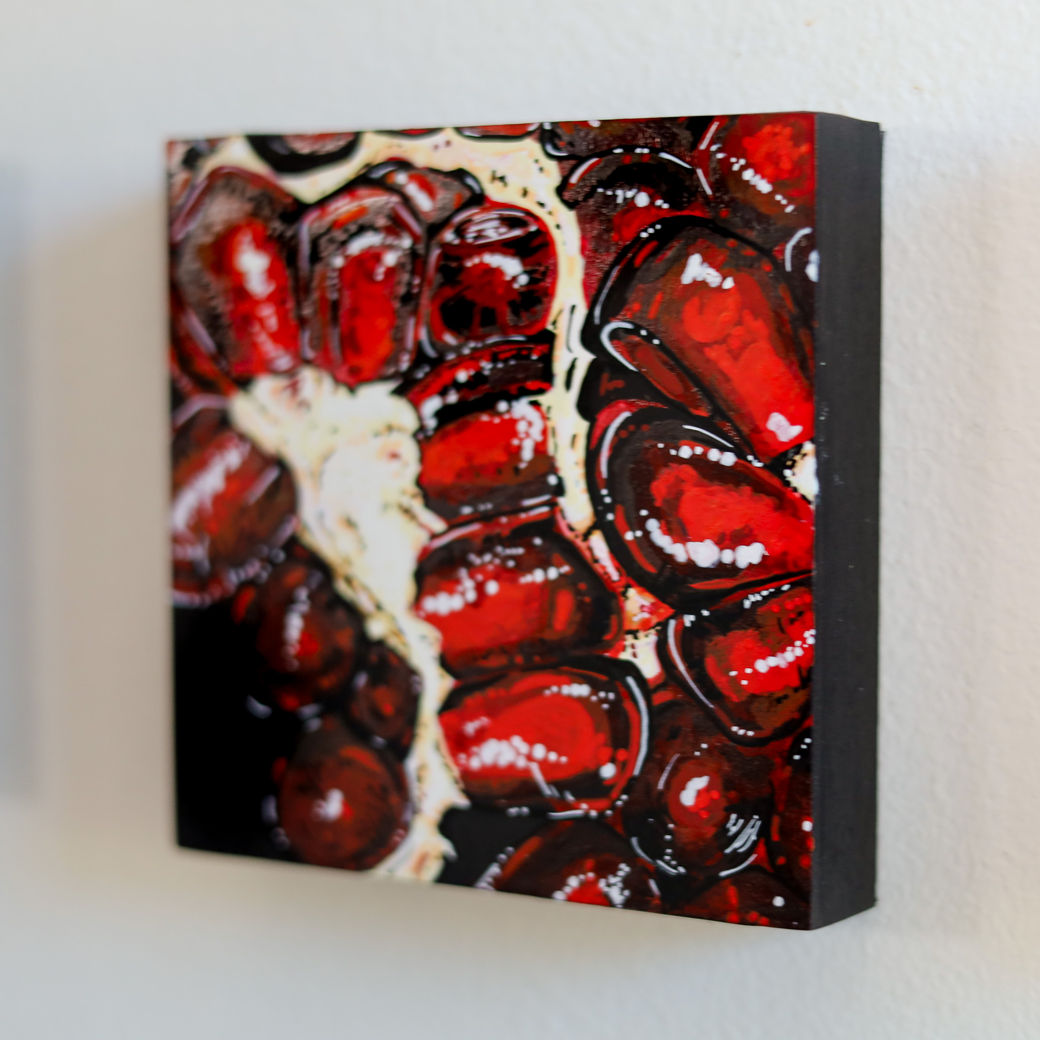 Angela Faustina, POMEGRANATE LVII, 2023. Acrylic on cradled painting panel, 4" by 4". Available through Angela's studio shop.