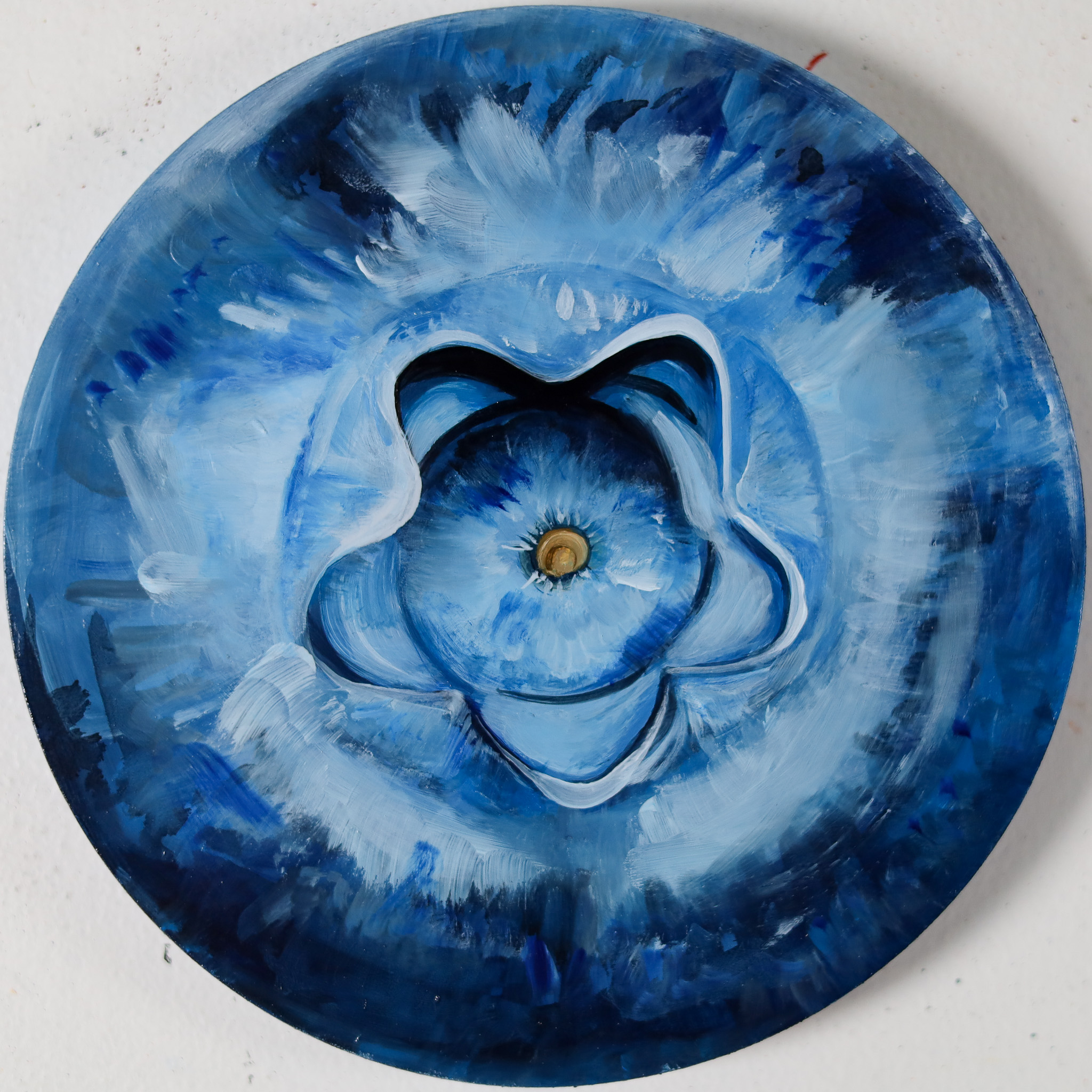 Angela Faustina, BLUEBERRY I, 2026. Oil on cradled painting panel, 8 diameter. Available through Angela Faustina's Studio Shop.